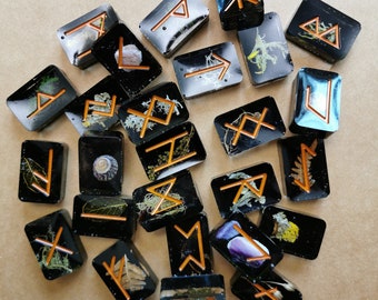 MINI RUNE SET, Elder Futhark Runes, Nature Treasure Eco-Resin, Blacked Out On The Back With Copper, Holographic Runes