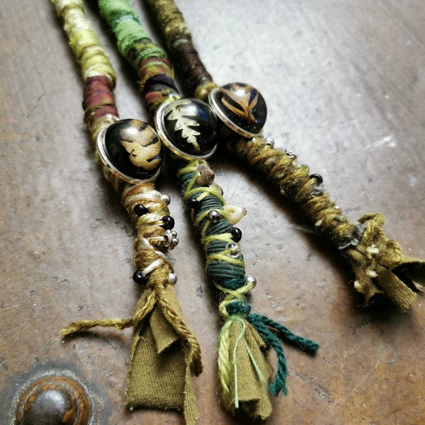 ACCENT DREAD SET Of 3, Custom Length Dreadlock Wraps, Forest Greens & Earthy Browns, Eco Resin Charms, Soft Loop, Glass Metal Gemstone Beads