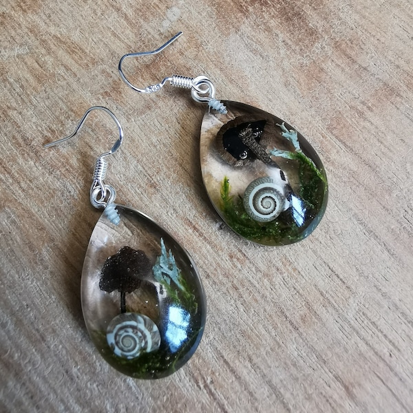 MUSHROOM DROPLET EARRINGS 925 Sterling Silver, Eco Friendly Resin, Mossy Woodland Microworlds, Fairy Portal Dangly Pendants, Gift For Friend