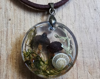 MAGIC MUSHROOM PENDANT, On Vegan Leather Necklace, Eco Friendly Crystal Clear Resin With Real Moss & Dried Toadstool, Earthy Natural Jewelry