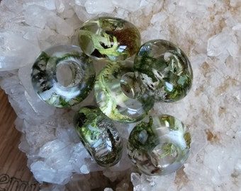 MOSS DREAD BEADS, Set Of Six, Lichen Dreadlock Decorations, Crystal Clear Eco Resin, 6mm Holes
