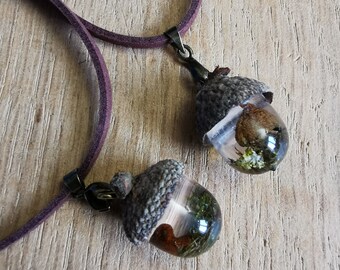 ACORN MUSHROOM NECKLACE, Eco Friendly Resin, Real Toadstool & Moss, Small Fairy Pendant, Gift For Boyfriend/Girlfriend, Nature Amulet