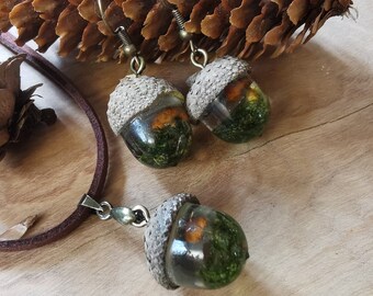 ACORN JEWELLERY SET, Real Mushrooms/Moss, Crystal Clear Resin, Matching Pendant & Earrings, Custom Necklace Material, Personalised Closures