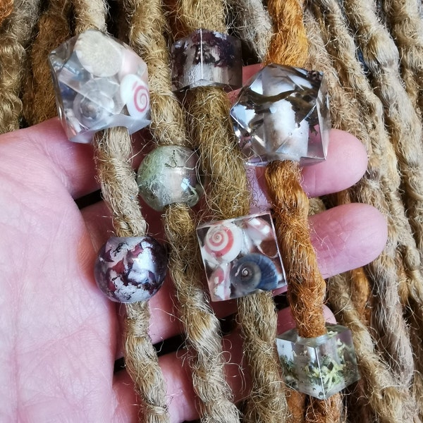 DREAD BEADS SET x7, 7mm Holes, Eco Friendly Resin, Dreadlock Charms, Earthy Natural Vibes, Shell Lichen Moss Seaweed, Hippy Hair Decorations