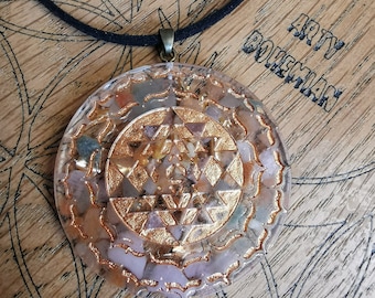 SRI YANTRA ORGONITE Pendant, Personalised Sacred Geometry Gemstone Necklace, Eco Resin With Your Choice Of Crystals, Custom Colours