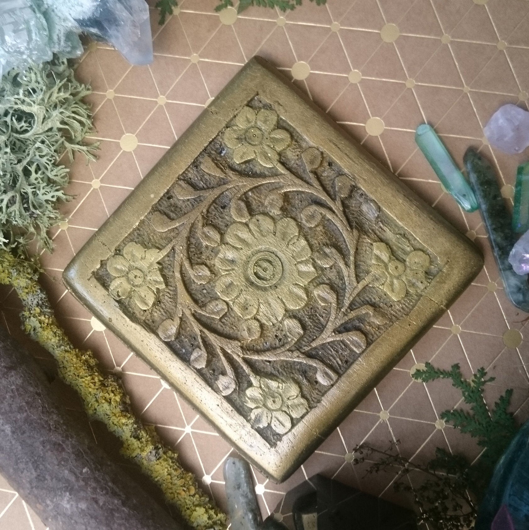 Carved Resin Tile Coaster Mat Decorative Square Floral Bronze Etsy