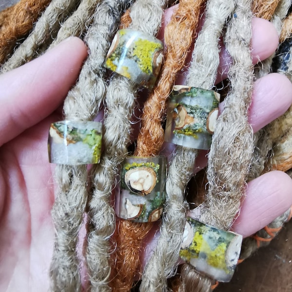 LICHEN DREAD BEADS, Made With Clear Eco Resin & Mossy Wood Twigs, Rustic Natural Dreadlock Decorations, 5-13mm Hole Sizes, Made To Order