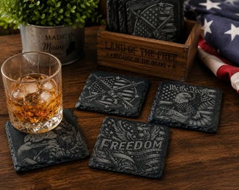 Military Slate Coasters | Laser Engraved Eagle, Flag, Freedom Designs (Set of 1, 4, or 8)