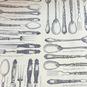 May include: A repeating pattern of antique silverware in shades of gray and white. The image features various forks, spoons, and knives with ornate handles. Text in French identifies the silverware styles, including "Service à salade forme Anglaise."