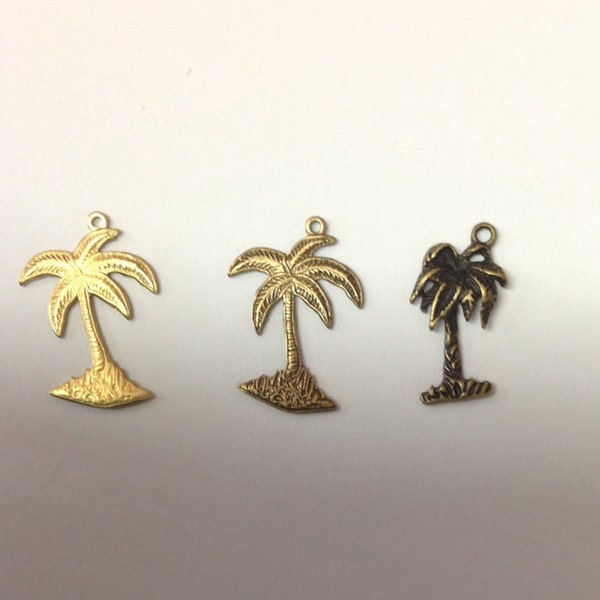 Set of 10 Gold Palm Tree Charms for Invitations, Place Cards, Table Numbers, Favors, Weddings, Parties, Showers, luau, beach, tropical, sand