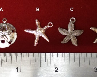 Silver Starfish Charms, Sand Dollar Charms, Set of 10