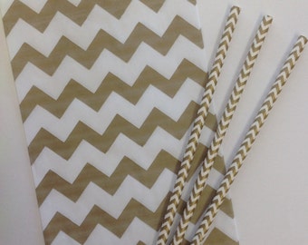 Paper Straws Gold Chevron 25