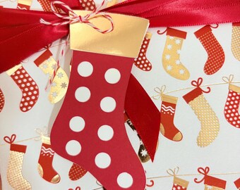 5 Christmas Tags Red and Gold Stocking pre-strung