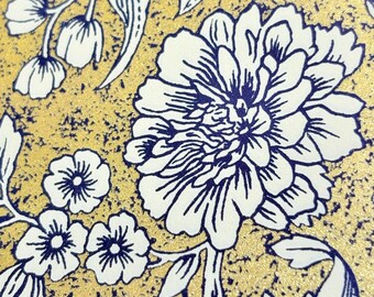 4 Sheets Italian Paper Gold and navy floral design 9 x 12