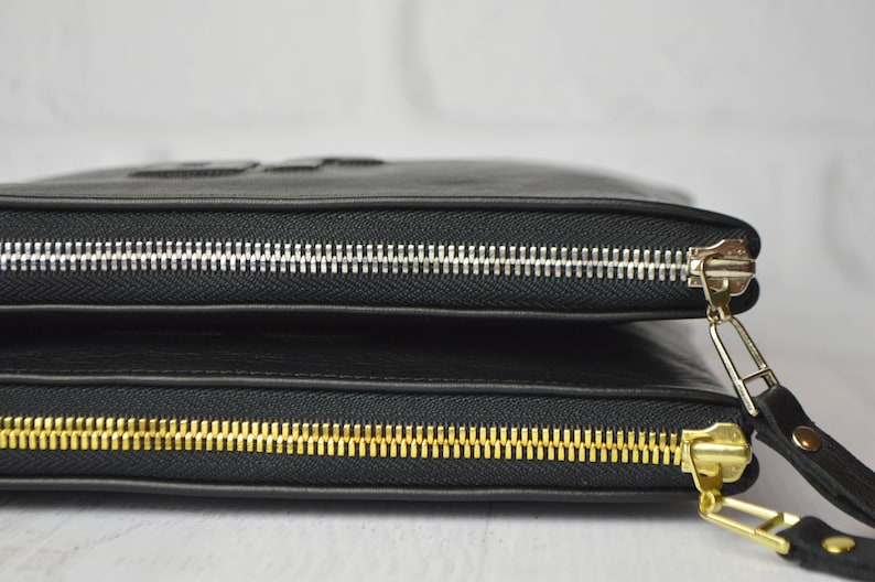 Medium Black Leather Clutch Leather Pouch Leather Monogram Etsy