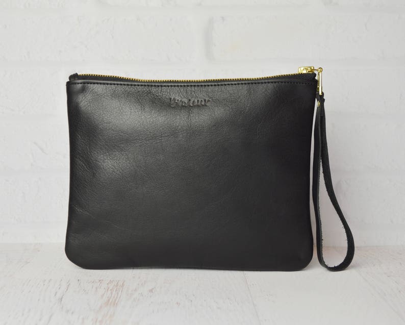 Medium Black Leather Clutch Leather Pouch Leather Monogram Etsy