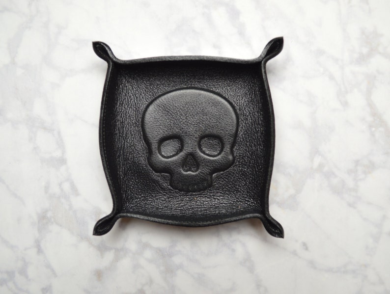 Skull Leather Tray Catch All Ring Dresser Organizer Valet Jewelry Bowl Uni Mens Womens Gift