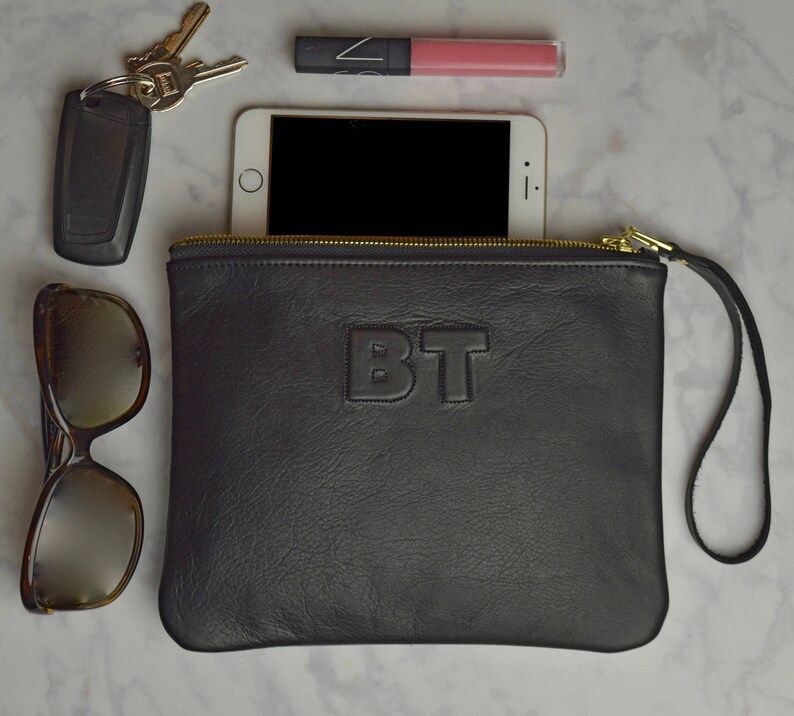 Medium Black Leather Clutch Leather Pouch Leather Monogram Etsy