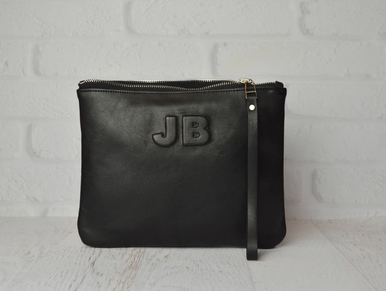 Medium Black Leather Clutch Leather Pouch Leather Monogram Etsy