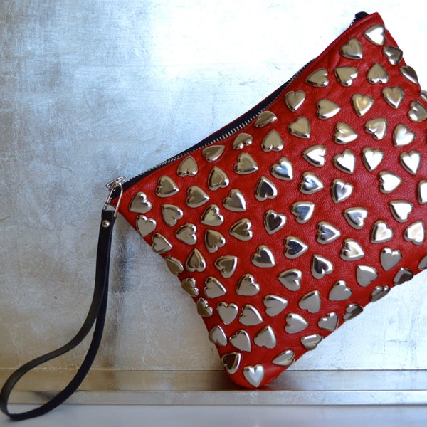 Medium Red Leather Heart Studded Clutch, Leather Pouch, Valentines Day Gift, Love, Hearts
