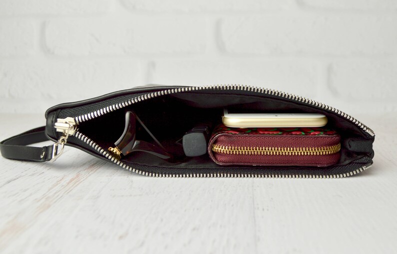 Medium Black Leather Clutch Leather Pouch Leather Monogram Etsy