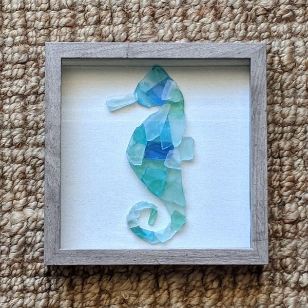 Sea glass Seahorse in Distressed Grey, White, Black, Natural or Silver Frame - Nautical Wall Art - Sea Glass Art - Beach Glass Art