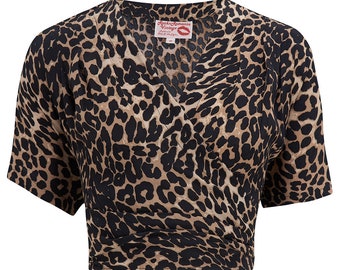 The "Darla" Short Sleeve Wrap Blouse in Leopard Print, True Vintage Style