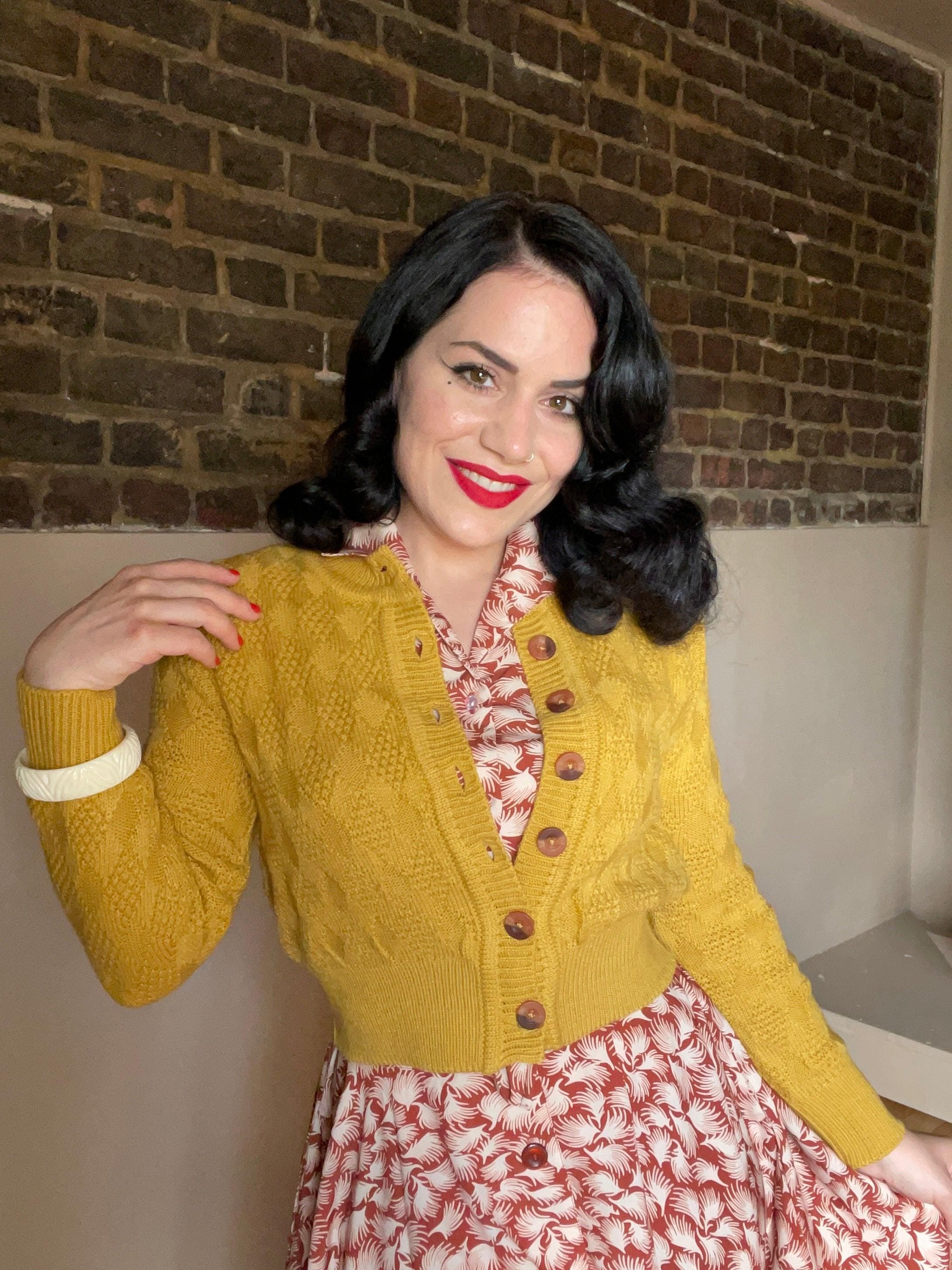 The "Sandra" Textured Diamond Knit Cardigan in Light Mustard, 1940s & 50s Vintage Style