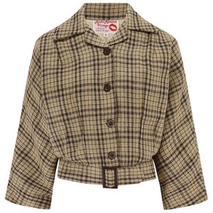 May include: A vintage-style jacket in a brown and tan plaid pattern. The jacket features a notched collar, button-up front, and a belted waist with a rectangular buckle. The label reads "RocknRomance Vintage".