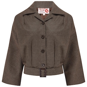 May include: A brown, short-sleeved jacket with a collared neckline and a belt. The jacket has a button-up front and a buckle closure. The label "RocknRomance Vintage" is visible on the inside collar.