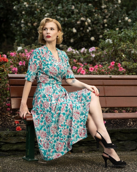 The Vivien Full Wrap Dress in Summer Breeze Print, True 1940s To Early 1950s Style The Vivien Full Wrap Dress in Summer Breeze Print, True 1940s To Early 1950s Style