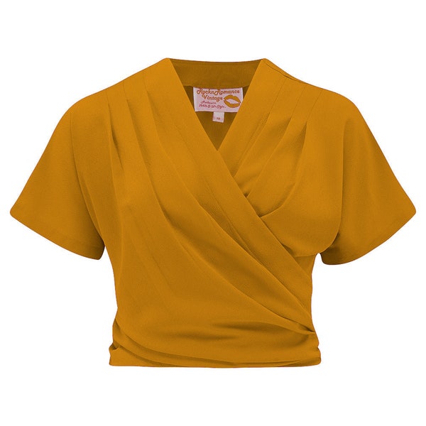 The "Darla" Short Sleeve Wrap Blouse in Mustard, True Vintage Style