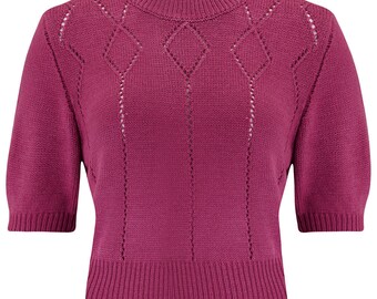 The "Frances" Short Sleeve Pullover Jumper in Fuchsia Pink, Classic 1940s & 50s Vintage Style