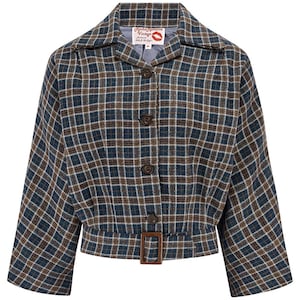 May include: A cropped jacket with a plaid pattern in shades of blue, brown, and white. The jacket has a collar, button closures, and a belt with a rectangular buckle. The label on the jacket reads "Rocking Romance Vintage".