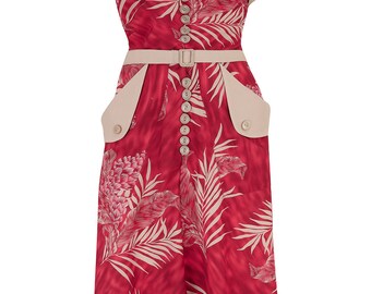 The "Casey" Dress in Ruby Palm Print With Stone Contrast, True & Authentic 1950s Vintage Style