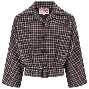 May include: A cropped, collared jacket in a brown, black, and pink plaid pattern. The jacket features a button-down front, a belt with a rectangular buckle, and the text "RocknRomance Vintage" on the collar.