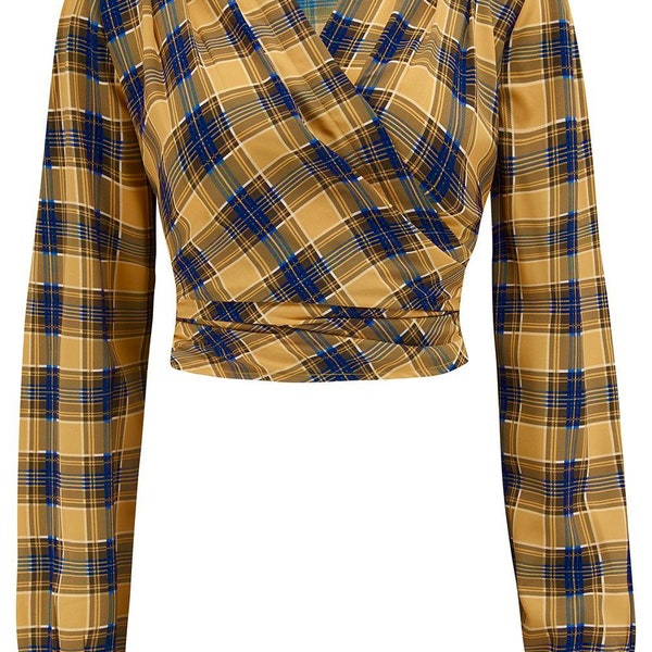 "Darla" Langarm Wickelbluse in Mustard & Navy Karo Print, True Vintage Style