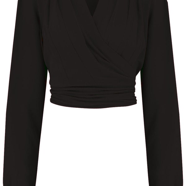 The "Darla" Long Sleeve Wrap Blouse in Black, True Vintage Style