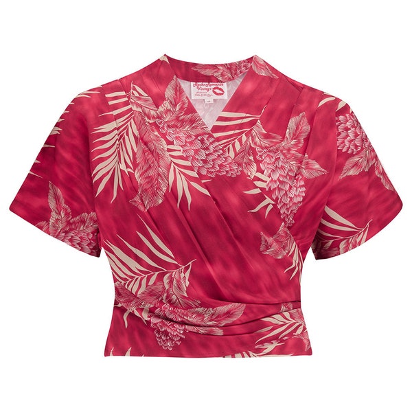 The "Darla" Short Sleeve Wrap Blouse in Ruby Palm Print, True Vintage Style
