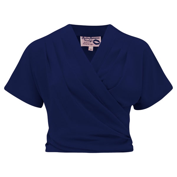 The "Darla" Short Sleeve Wrap Blouse in Navy, True Vintage Style