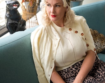 The &quot;Sandra&quot; Textured Diamond Knit Cardigan in Cream, 1940s & 50s Vintage Style