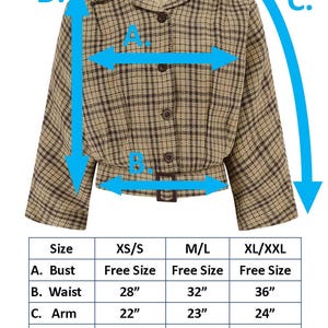 May include: A vintage-style brown and tan plaid jacket with a collar and button closure. The jacket has a fitted waist with a belt. Measurements are provided for bust, waist, arm, and length in inches.