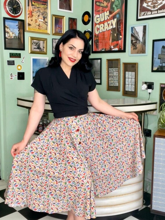 The beverly Button Front Full Circle Skirt With Pockets in Tutti Frutti Print Authentic 1950s Vintage Style Etsy