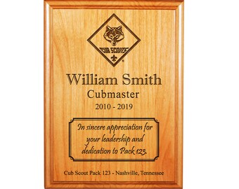 Cub Scout Leader or Committee Member Recognition Plaque - CS Emblem - 8"X10" or 9"X12" Laser Engraved Alder Wood - Officially Licensed
