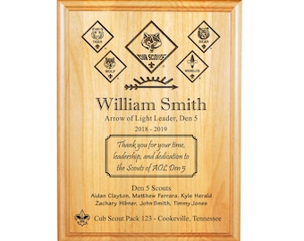 AOL Den Leader Plaque - Cub Scout Plaque with Rank Insignia + Scout Names - 8"X10" or 9"X12" Laser Engraved Alder Wood - Officially Licensed