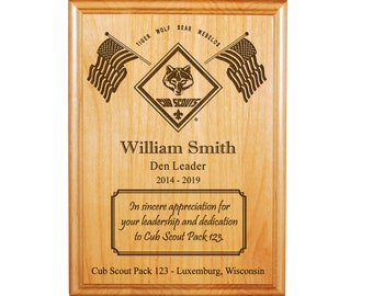 Cub Scout Leader or Committee Recognition Plaque - CS Emblem with Flags - 8"X10" or 9"X12" Laser Engraved Alder Wood - Officially Licensed