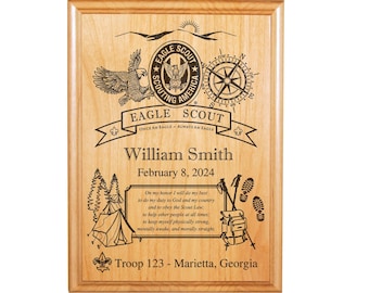 Eagle Scout Plaque - Outdoors Theme - 8"X10" or 9"X12" Alder Wood - Officially Licensed