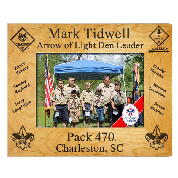 Scout Leader Plaque Frame - Arrow of Light Leader Frame with Scout Rank Insignia and Scout Names - BSA Licensed - 4 x 6, 5 x 7, or 8 x 10