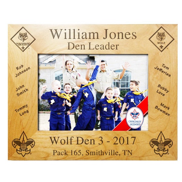 Scout Leader Plaque Frame - Wolf Den with Rank Insignia and Scout Names - BSA Licensed - 4 x 6, 5 x 7, or 8 x 10