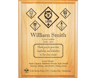 Lion Den Leader Plaque - Cub Scout Insignia (Lion Center) + Scout Names - 8"X10" or 9"X12" Laser Engraved Alder Wood - Officially Licensed